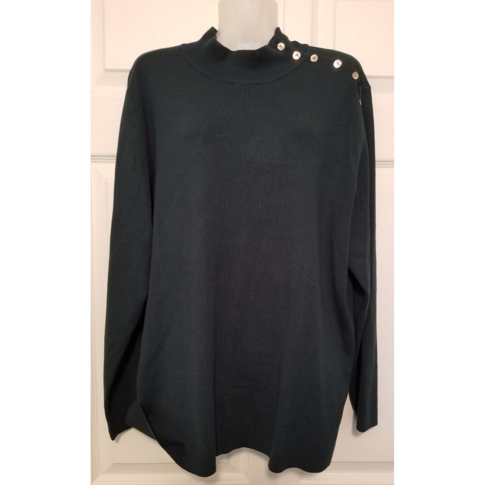 Chico's Women's Knit Sweater Green Mock Neck Button Accents Long Sleeve Size XXL